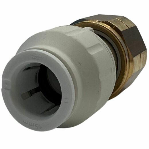 Złączka prosta z nakrętką 15 x 3/4&quot; z uszczelką płaską John Guest PEMSTC1516-FS